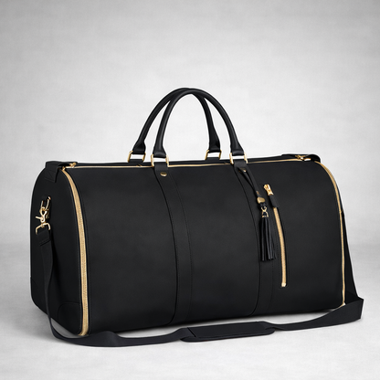 Black duffel bag with gold accents