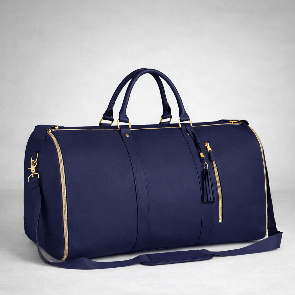 Navy blue duffel bag with gold accents
