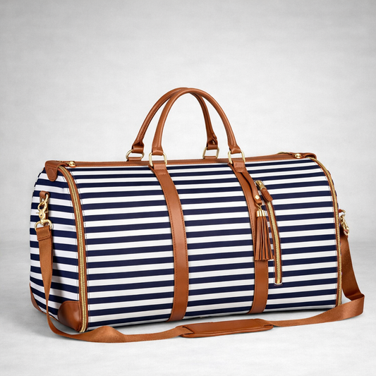 Navy and white striped duffel bag with brown leather straps